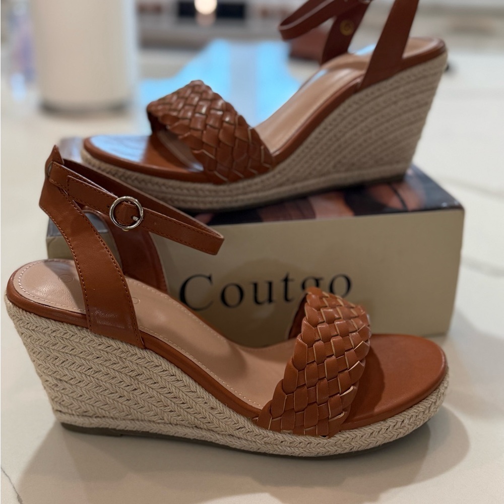 Coutgo Women’s Braided Wedge Sandals - Brown Espadrille Platform - Sz 9.5 - NEW